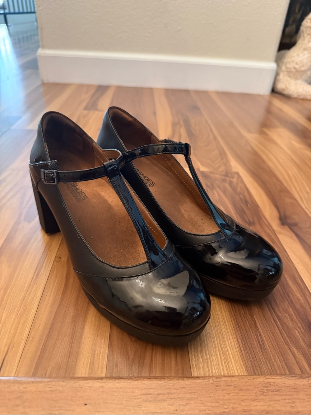 Shoes For Crews Black Patent T-Strap Block Heels